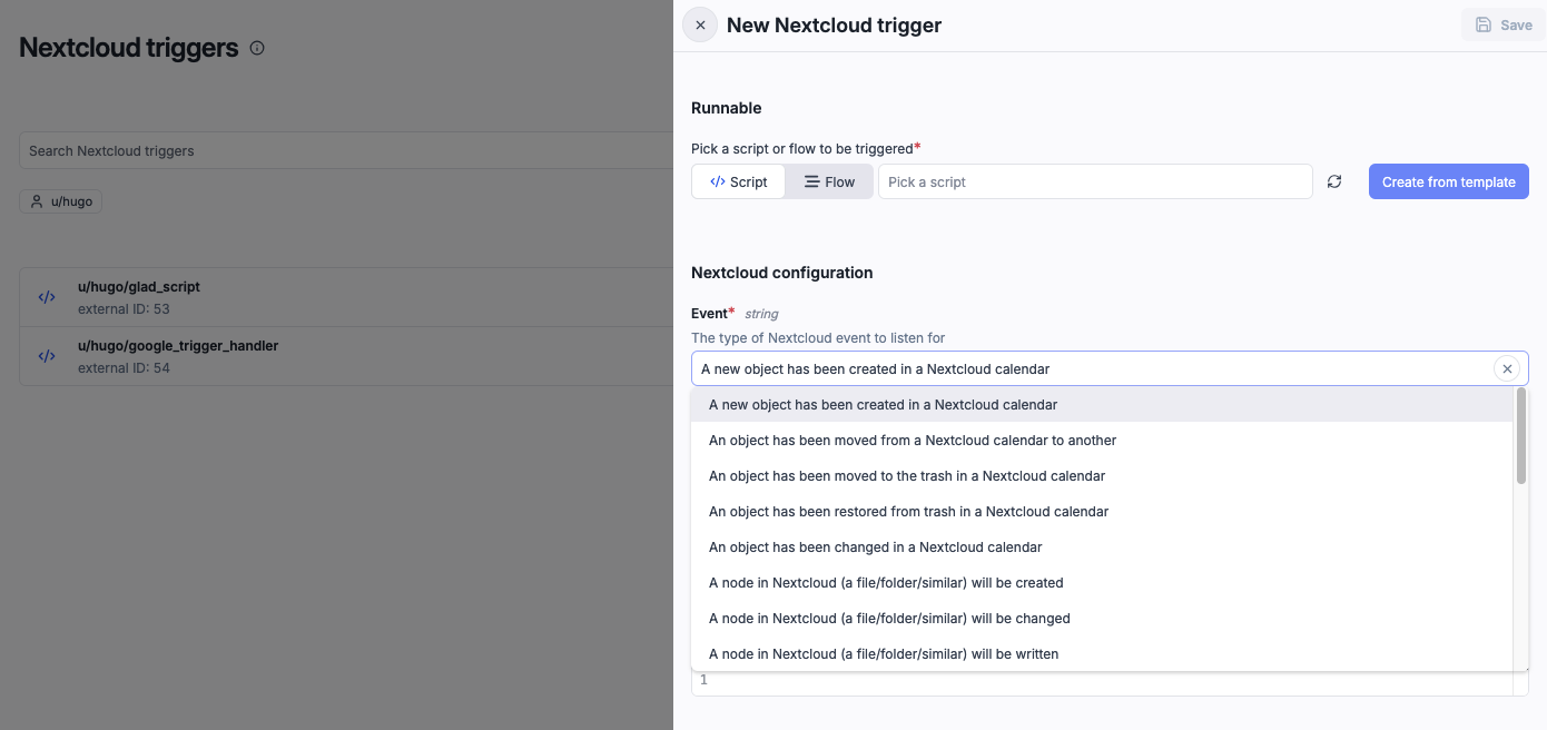 Nextcloud trigger creation with event type selection Nextcloud trigger configuration